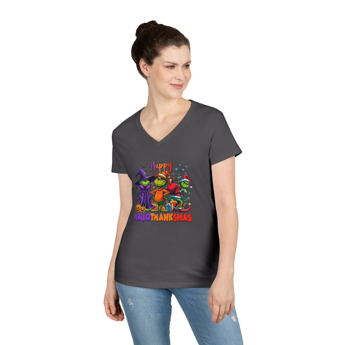 V-Neck Shirt: "Happy HalloThankMas"