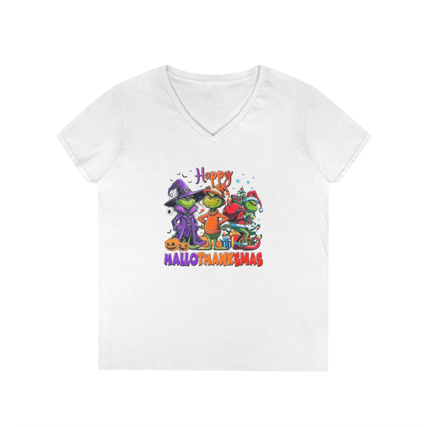 V-Neck Shirt: "Happy HalloThankMas"