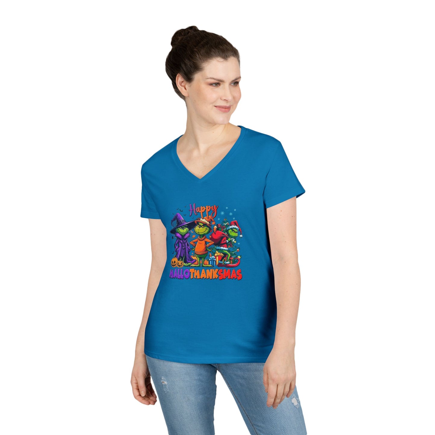 V-Neck Shirt: "Happy HalloThankMas"