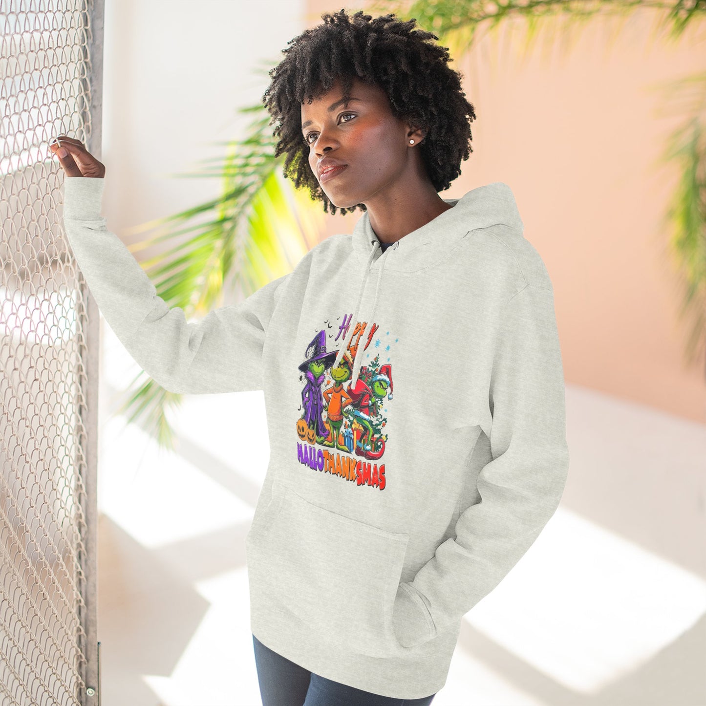 Fleece Hoodie: "Happy HalloThankMas"