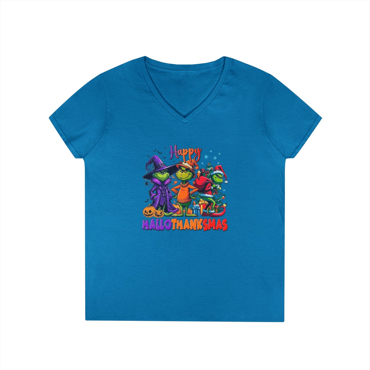 V-Neck Shirt: "Happy HalloThankMas"
