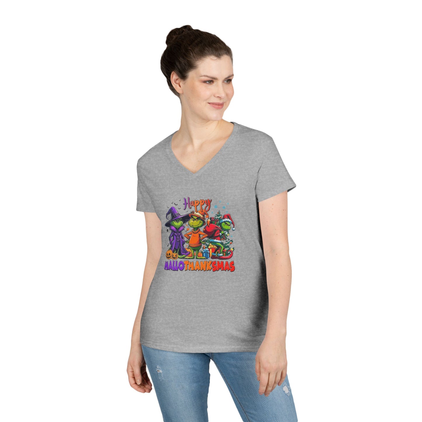 V-Neck Shirt: "Happy HalloThankMas"