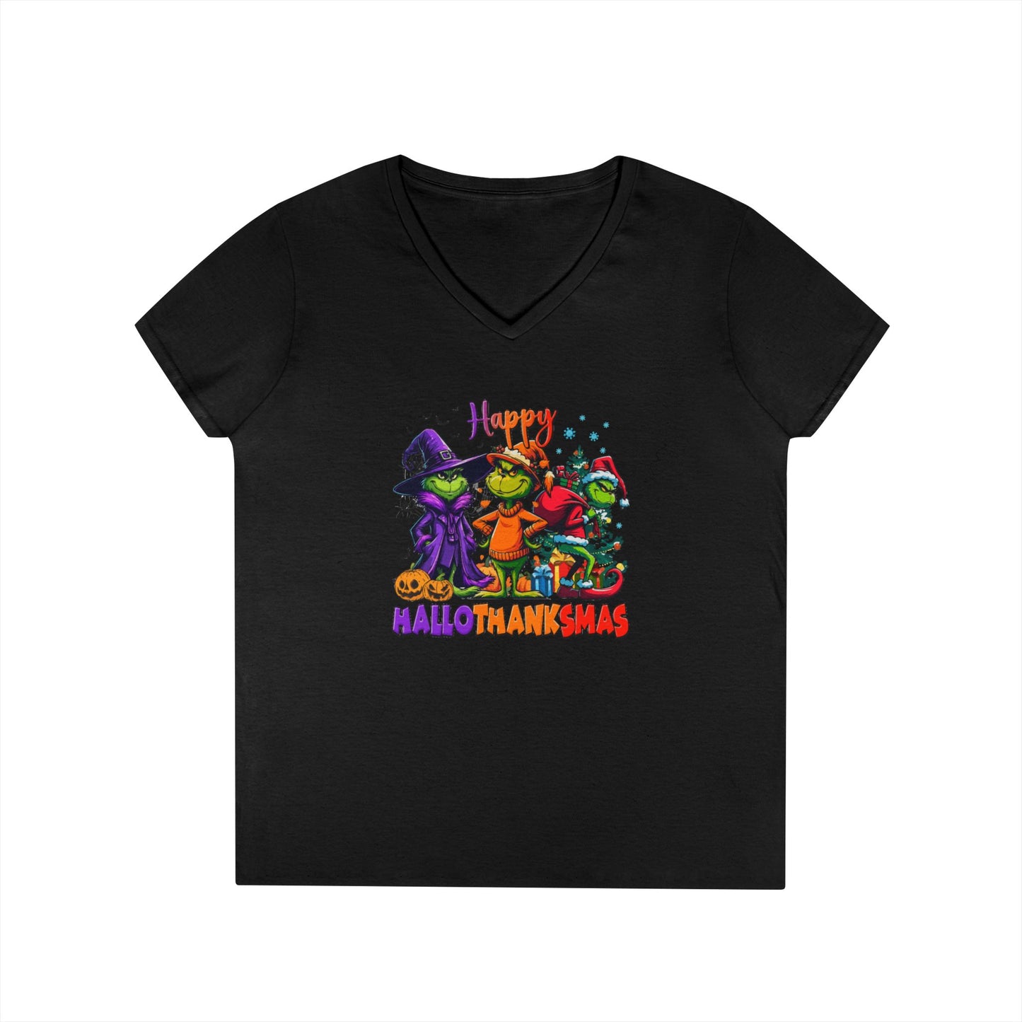 V-Neck Shirt: "Happy HalloThankMas"