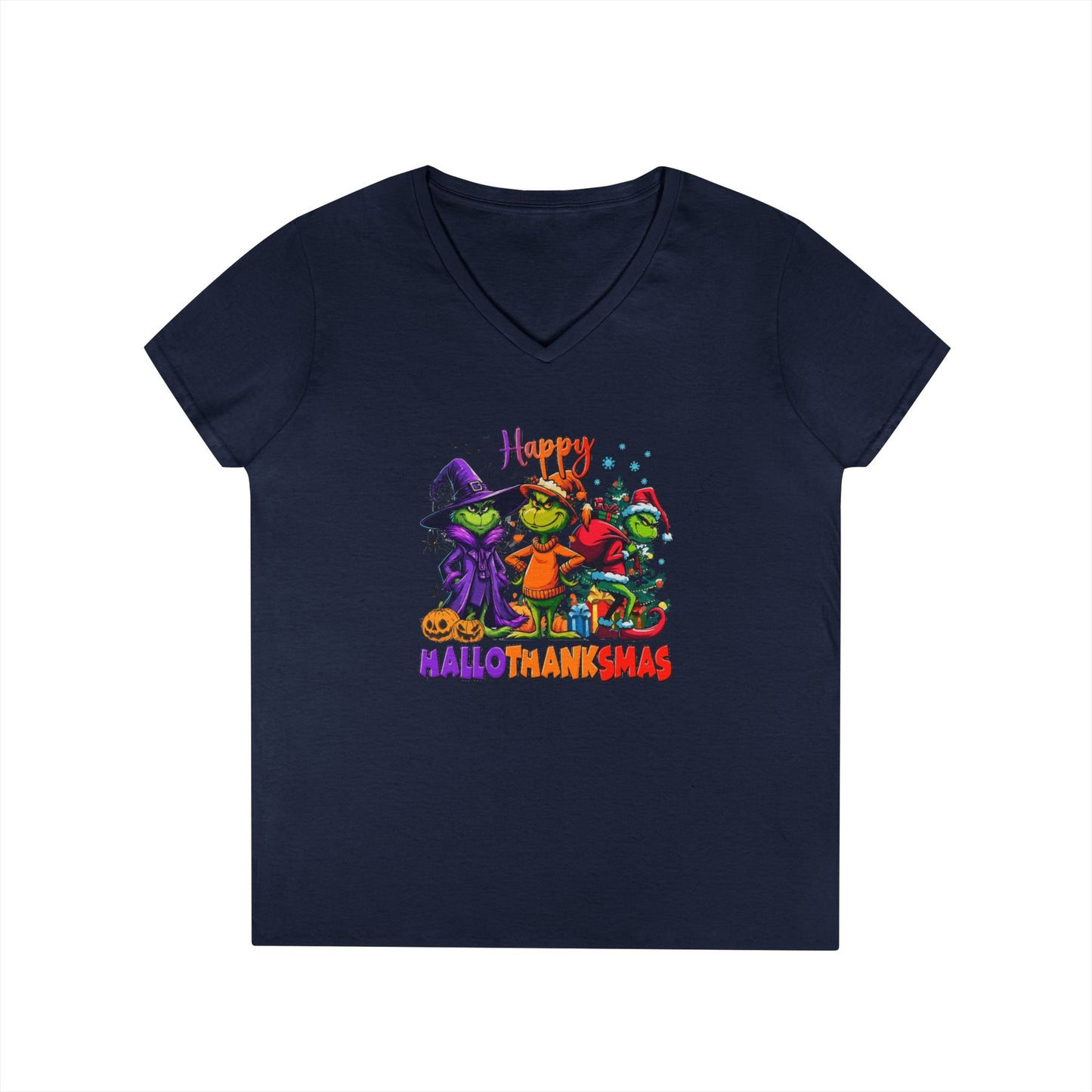 V-Neck Shirt: "Happy HalloThankMas"