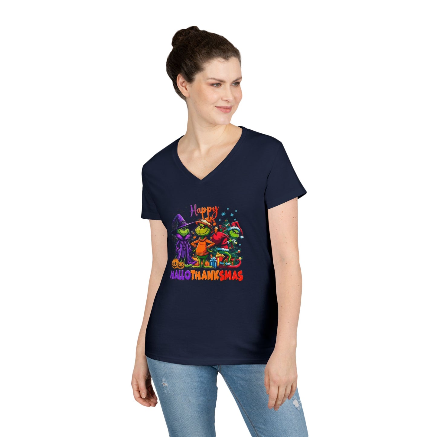 V-Neck Shirt: "Happy HalloThankMas"