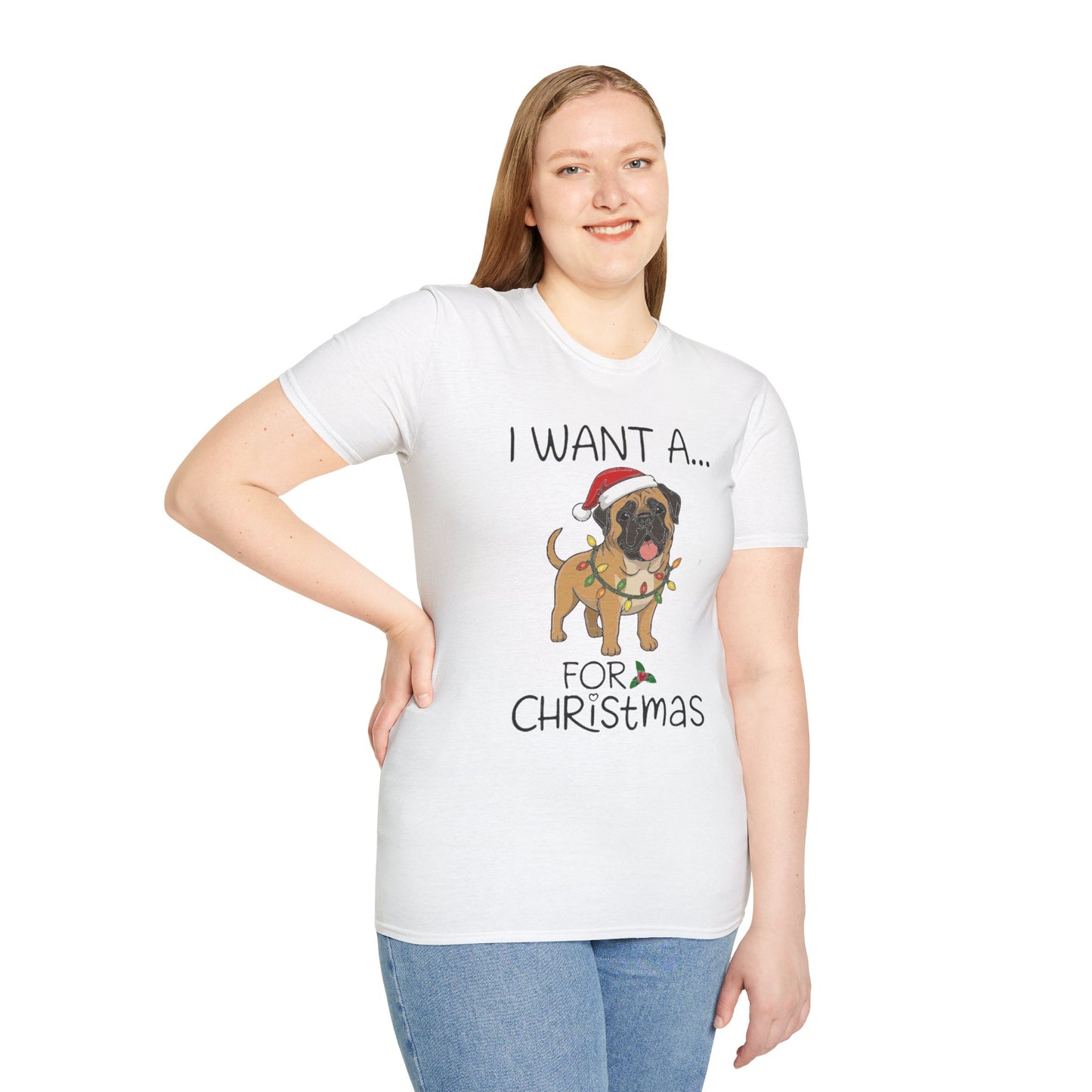 Christmas Unisex T-Shirt 'I want a English Mastiff for Christmas' Funny Holiday Shirt