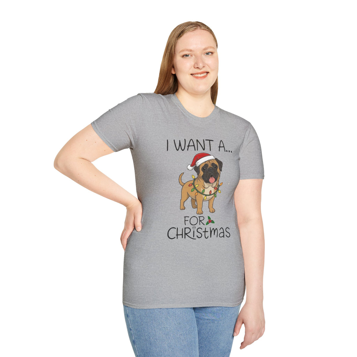 Christmas Unisex T-Shirt 'I want a English Mastiff for Christmas' Funny Holiday Shirt