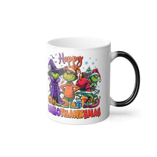 Color Morphing Mug "Happy HalloThankMas" Halloween, Thanksgiving & Christmas  (11oz)