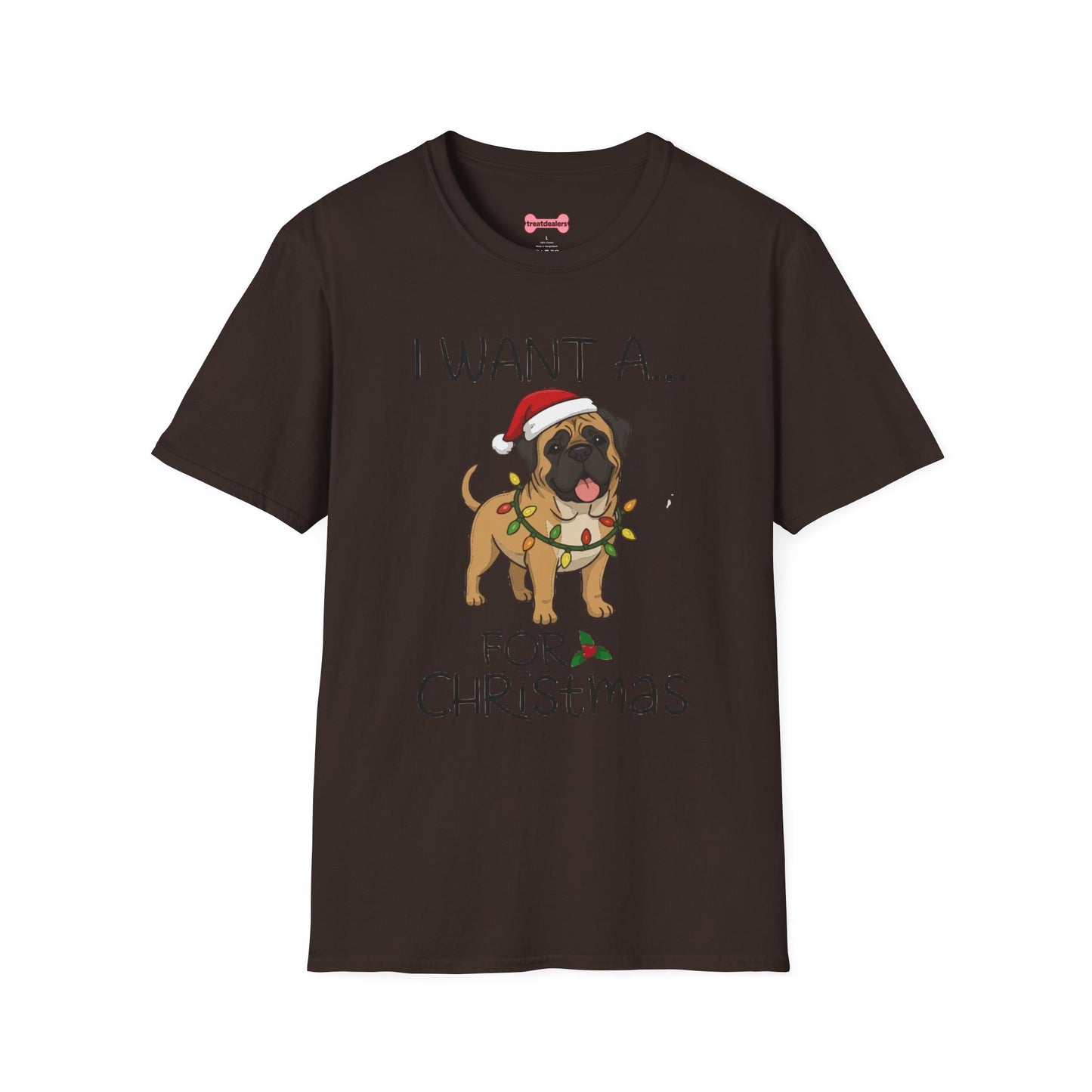 Christmas Unisex T-Shirt 'I want a English Mastiff for Christmas' Funny Holiday Shirt